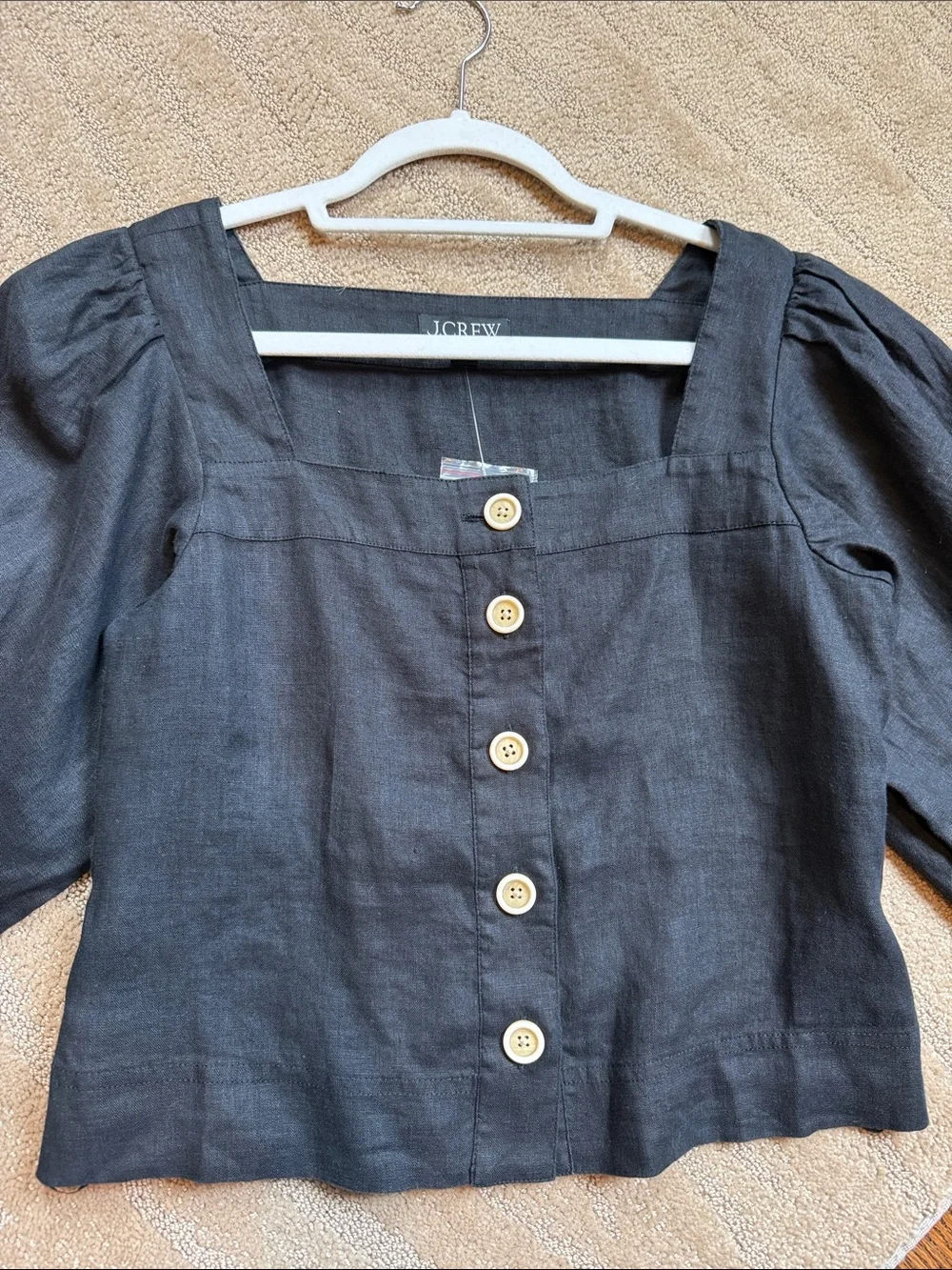 J. Crew Black Square-Neck Button Front Puff Sleeve Blouse In Linen